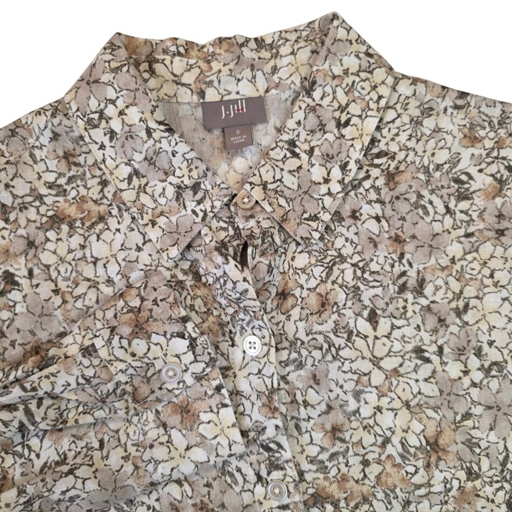 J.Jill Women's S Button Down Shirt Beige Floral 100% Linen Long Sleeve Collared‎